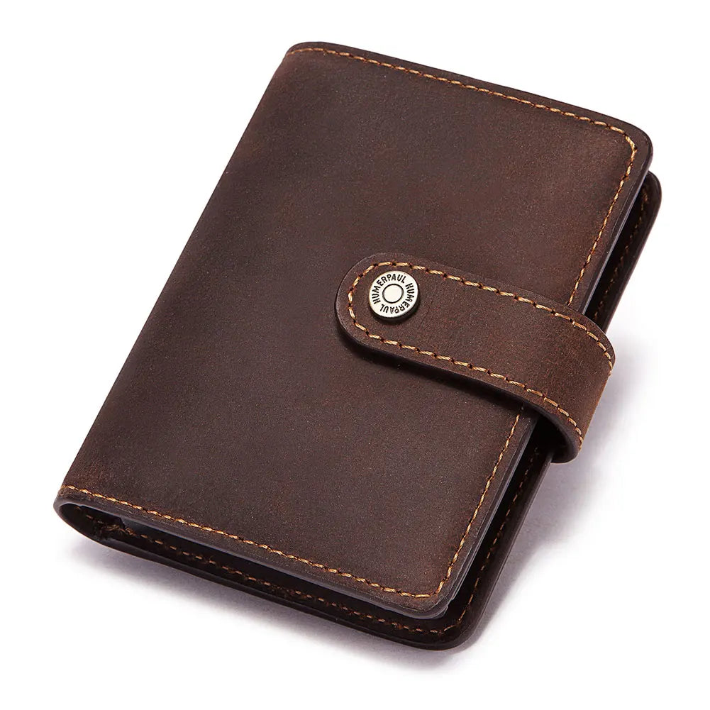 Crazy Horse Leather Card Holder Short Mini Wallets for Men with RFID Protection Aluminum Pop Up Smart Wallet with Zipper Pocket