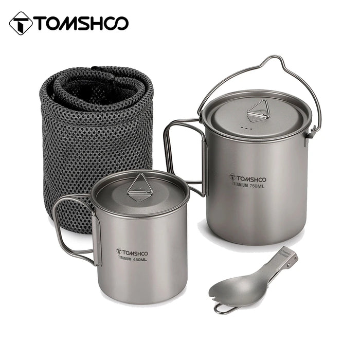 TOMSHOO Ultralight Titanium Camping Cookware Set – 750ml Pot, 450ml Mug with Lid & Folding Spork for Outdoor Backpacking