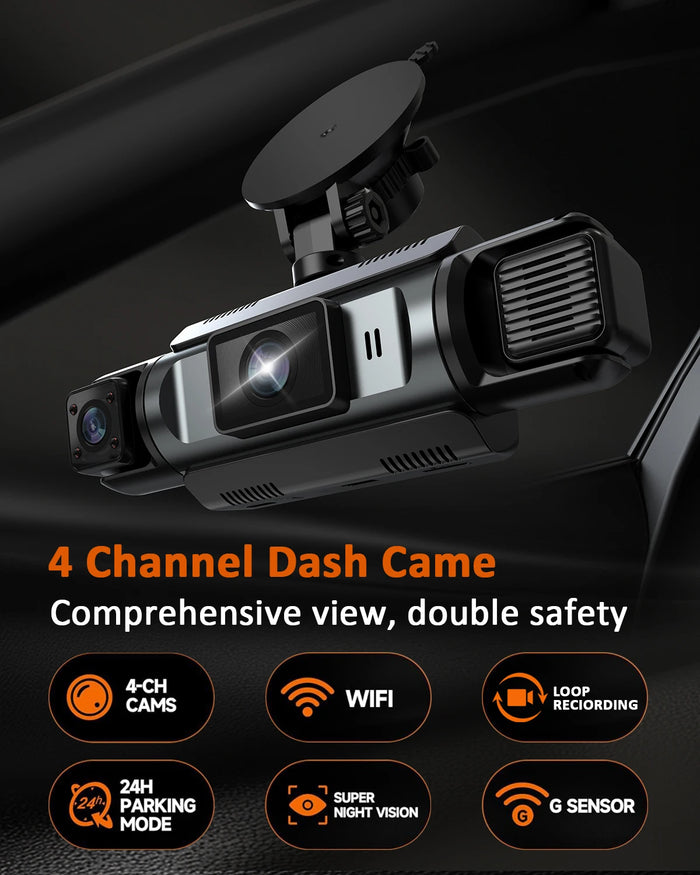 4-Channel WiFi Dashcam – FHD 1080P, Front/Left/Right/Rear, Sony IMX307, 170°, Night Vision, Loop Recording, 32GB/64GB/128GB SD