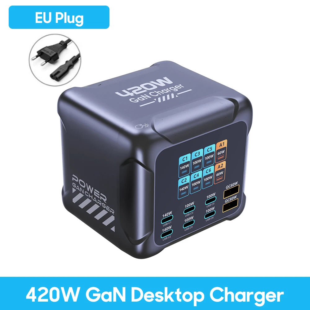 Ubigbuy 420W GaN Desktop Charger – 8-Port (6x USB-C + 2x USB-A), PD 3.1 140W, PPS, Digital Display, for MacBook, iPhone & Samsung – EU/US/UK/AU/KR Plug
