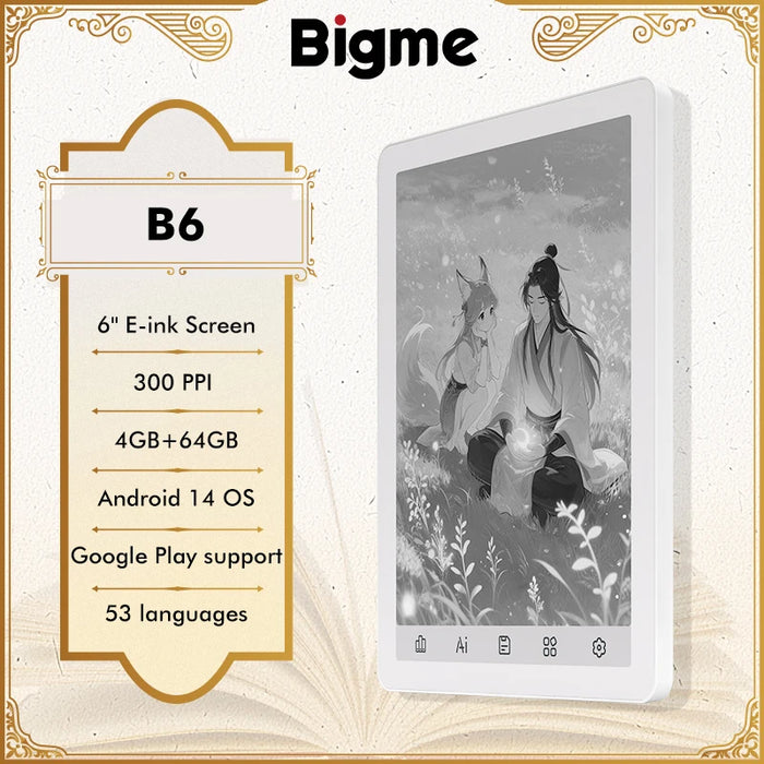 BIGME B6 E-Reader – 6 E-Ink 300PPI, Android 14, 4GB RAM + 64GB (1TB Expandable), Octa-Core, Wi-Fi, Bluetooth, 36-Level Front Light, 2100mAh, USB-C