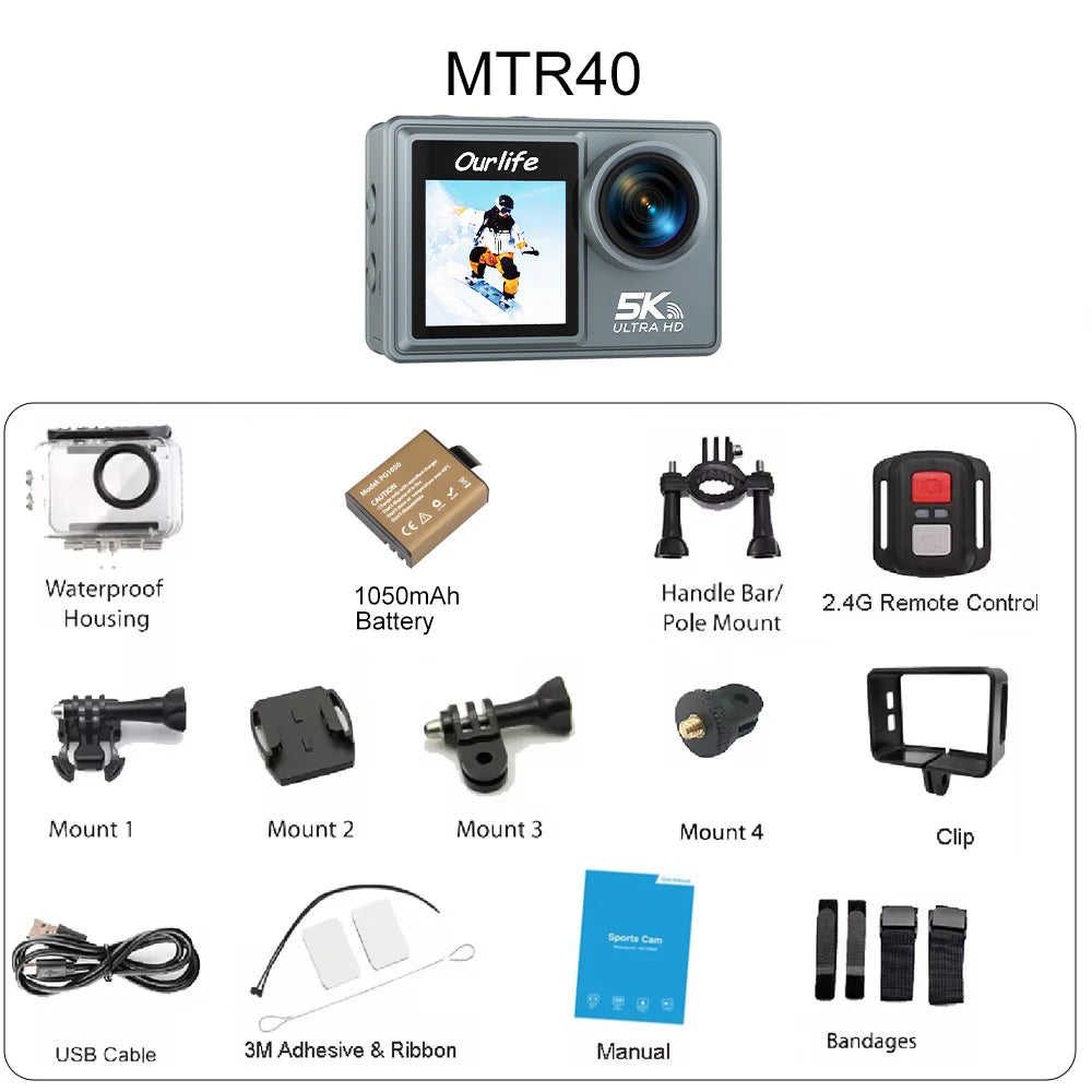 OURLIFE MTR40 5K Action Camera – 24MP, 4K 60fps, EIS, 2" IPS Touch Screen, 170°, 30M Waterproof, WiFi, Remote Control, up to 128GB