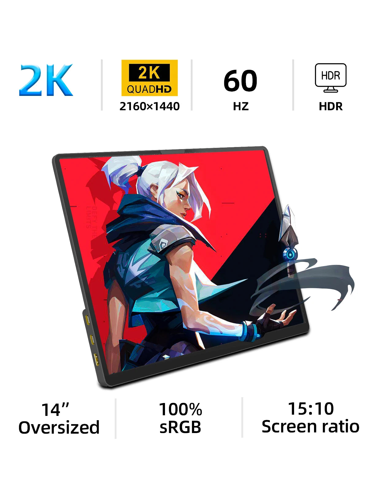 ZSUS 14 2K Portable Monitor – 2160x1440, 60Hz, 100% sRGB, HDR10, 350 nit, Built-in Speakers, Mini HDMI + USB-C, with Stand – Standard or Touchscreen Version