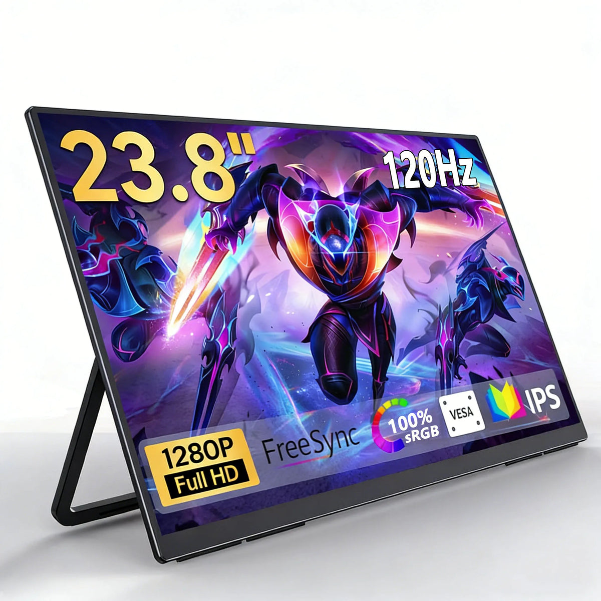AHXJKA 23.8 Portable Monitor – 1920x1080, IPS, 120Hz, HDR, 100% sRGB, 300 nit, 178°, AMD FreeSync, Built-in Speakers, HDMI + USB-C, Matte, 180° Adjustable Stand