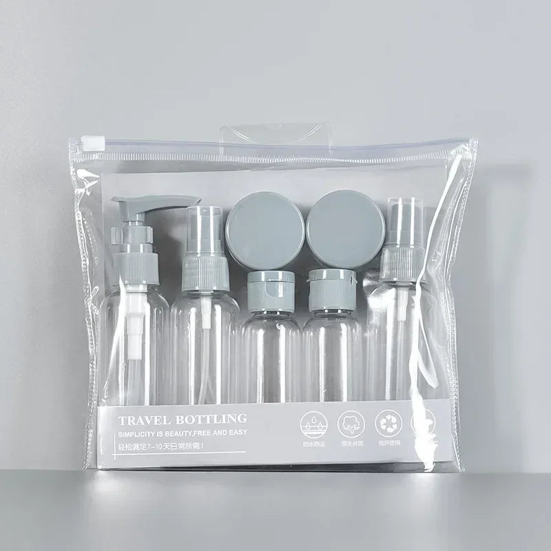 7Pcs Portable Travel Bottle Set, 80ml, 60ml & 10g, Refillable, PP/PET/PVC, 8 Colors, Ideal for Shampoo, Skincare & More