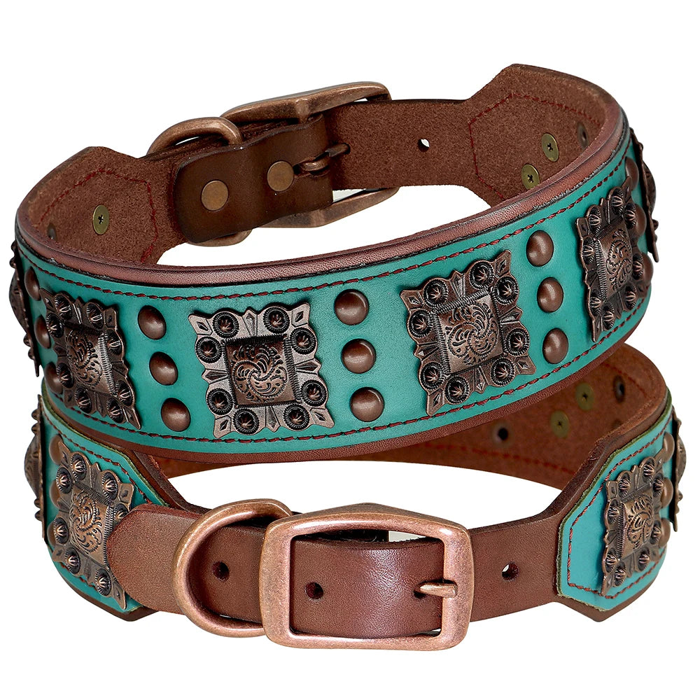 Spiked Genuine Leather Dog Collar, L & XL, Metal Buckle & D-Ring, Medium to Large Breeds, Black / Brown / Green