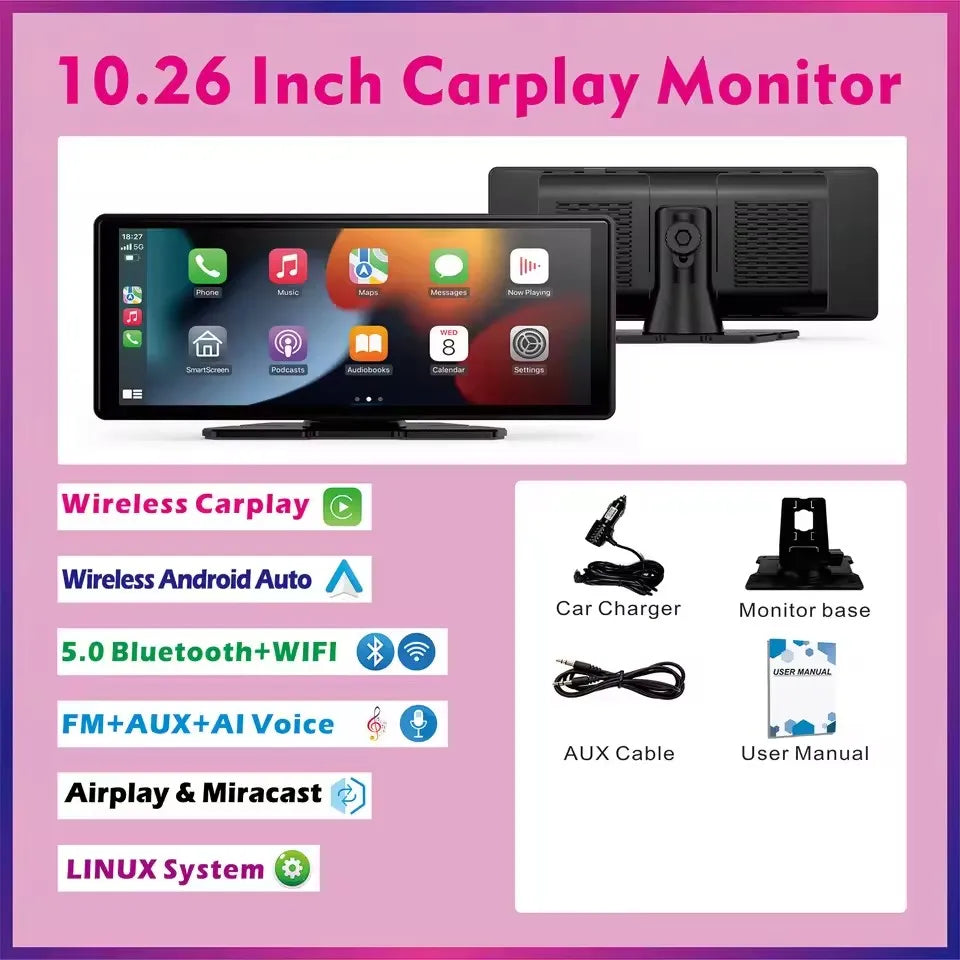 Pionray 10.26 Double DIN Car Stereo with Wireless CarPlay & Android Auto – Touchscreen, Wi-Fi, Rear Camera Option, 2-Year Warranty