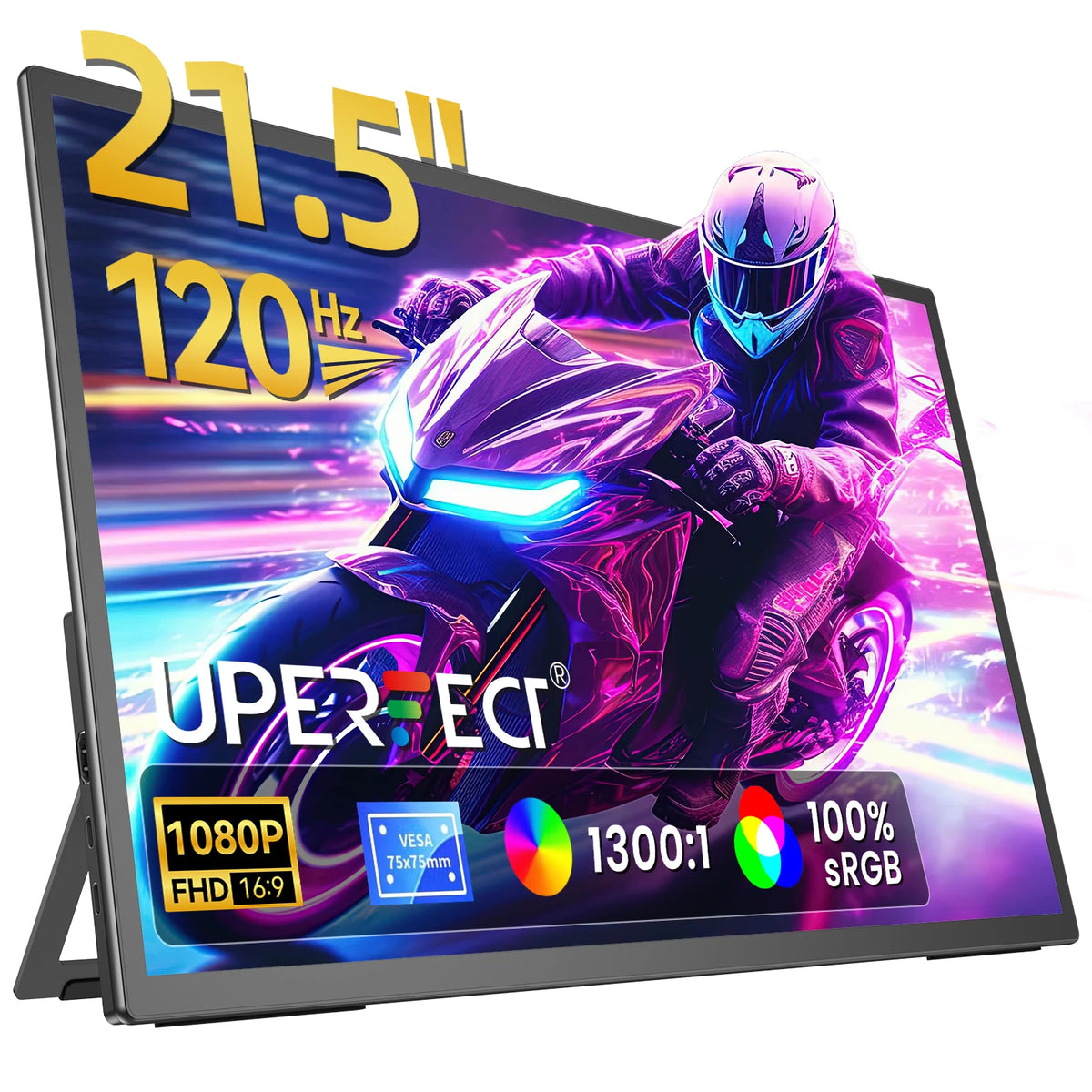 UPERFECT 21.5 Portable Monitor – 120Hz IPS, 1080p FHD, HDR, AMD FreeSync, Dual USB-C & HDMI, Built-in Speakers, 0-180° Adjustable Stand