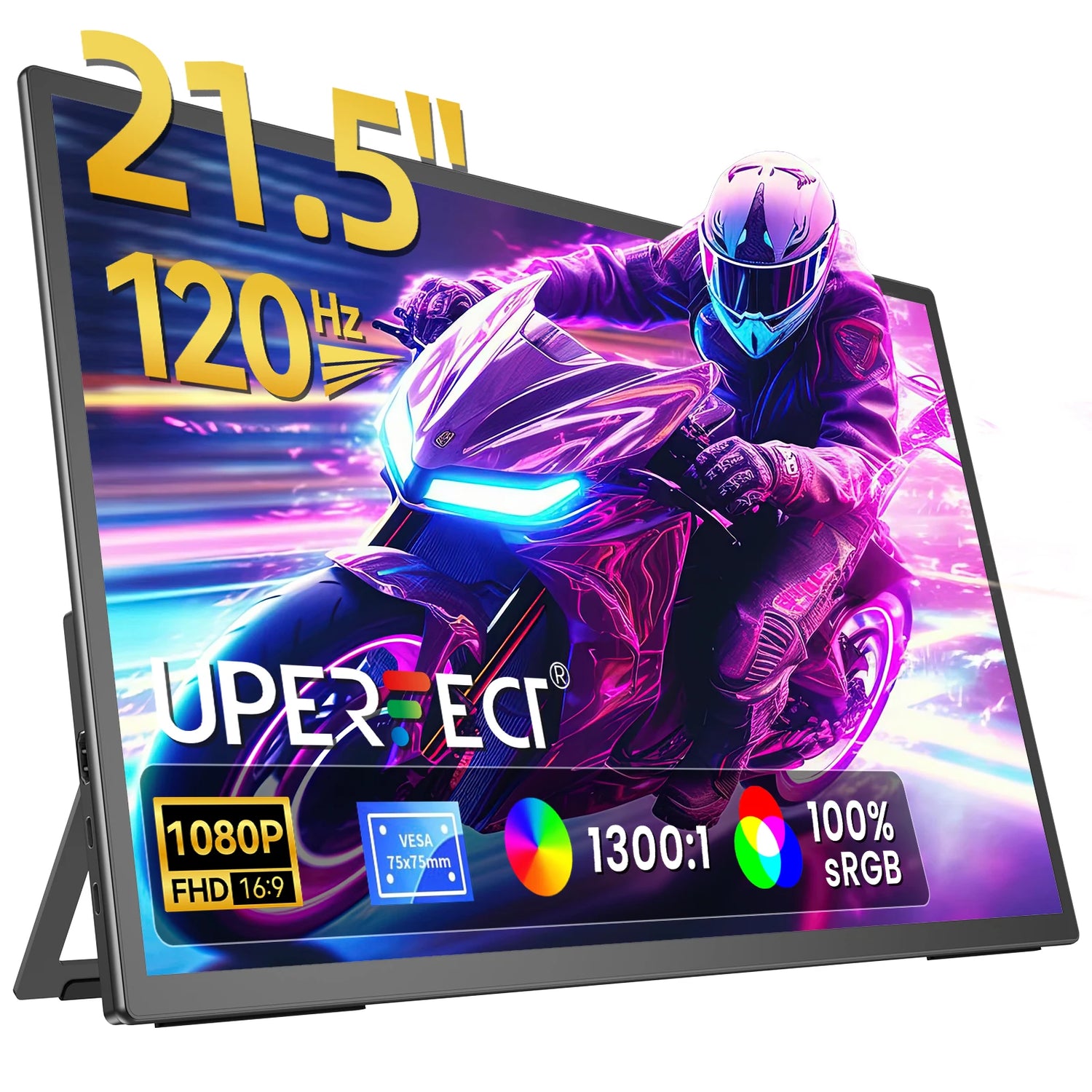 UPERFECT 21.5 Portable Monitor – 120Hz IPS, 1080p FHD, HDR, AMD FreeSync, Dual USB-C & HDMI, Built-in Speakers, 0-180° Adjustable Stand