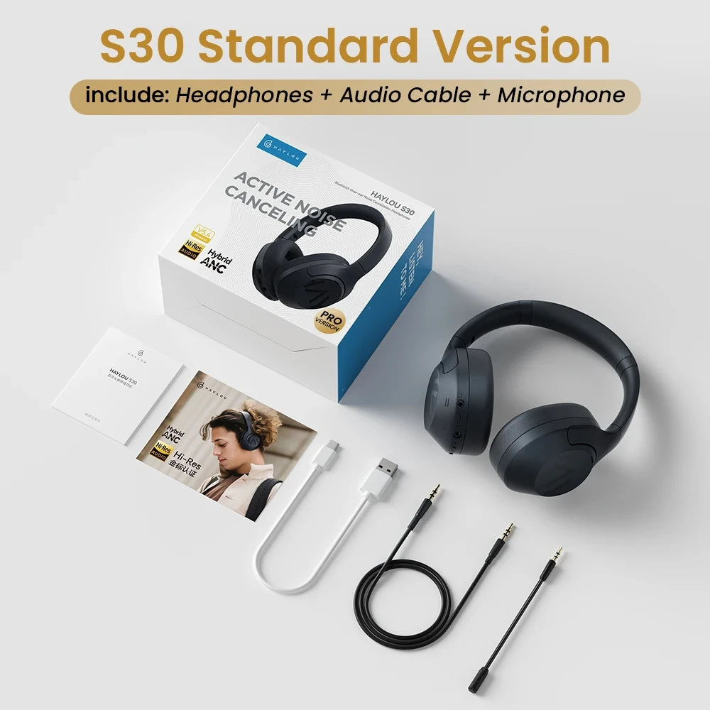 Haylou S30 Over-Ear Headphones – Bluetooth 5.4, 43dB Hybrid ANC, 40mm Driver, Hi-Res Audio, 80H Playtime, USB-C, Basic/Standard/Pro