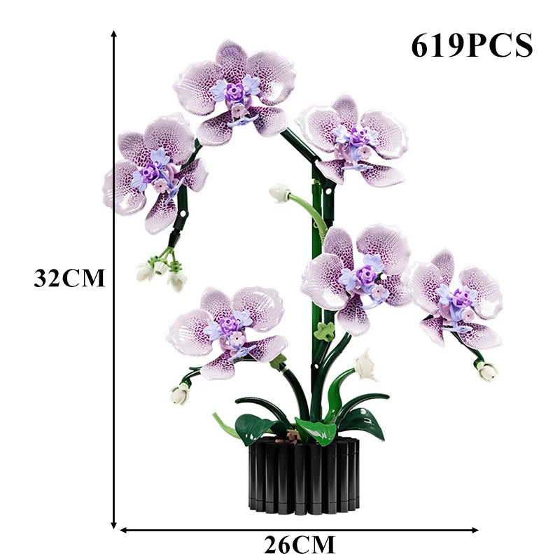 Cymbidium Orchid Flower Building Blocks – 619 to 866 Pieces, LEGO-Compatible Potted Plant, DIY Home Decor, Valentine's Gift, Ages 14+