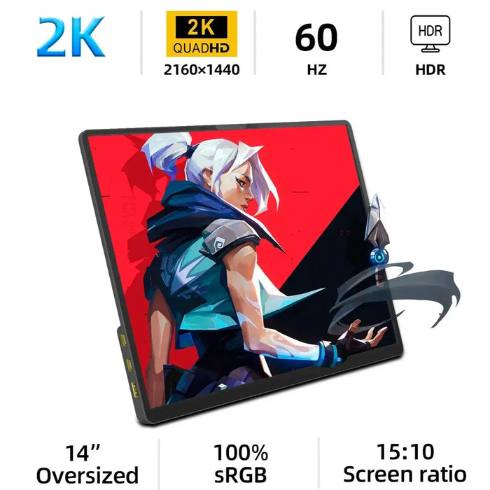 ZSUS 14 2K Portable Monitor – 2160x1440, 60Hz, 100% sRGB, HDR10, 350 nit, Built-in Speakers, Mini HDMI + USB-C, with Stand – Standard or Touchscreen Version