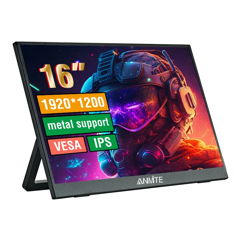 Anmite 16 Portable Monitor – 1920x1200, IPS, 60Hz, HDR10, 100% sRGB, 350 nit, 178°, AMD FreeSync, Built-in Speakers, Mini HDMI + USB-C, VESA – Touch or Non-Touch Version