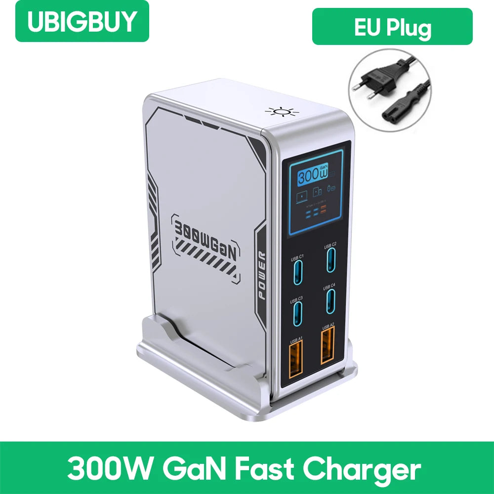 Ubigbuy GaN Desktop Charger – 300W (6-Port: 4x USB-C 100W + 2x USB-A) or 420W (8-Port: 6x USB-C 140W + 2x USB-A), PD/PPS/QC, Digital Display, for MacBook, iPhone & Samsung