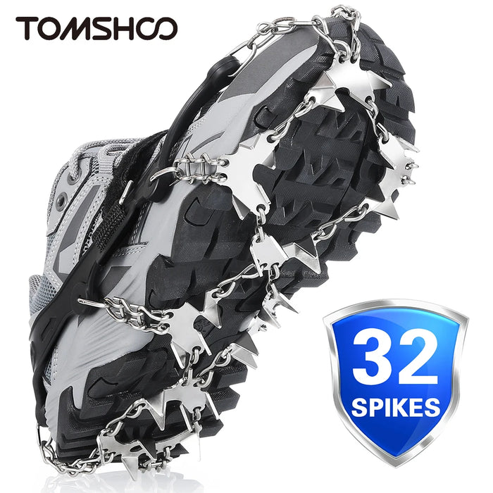 32-Teeth Ice Crampons & Snow Spikes for Shoes – Stainless Steel, Anti-Slip, for Hiking & Climbing, Size M/L/XL, Silver