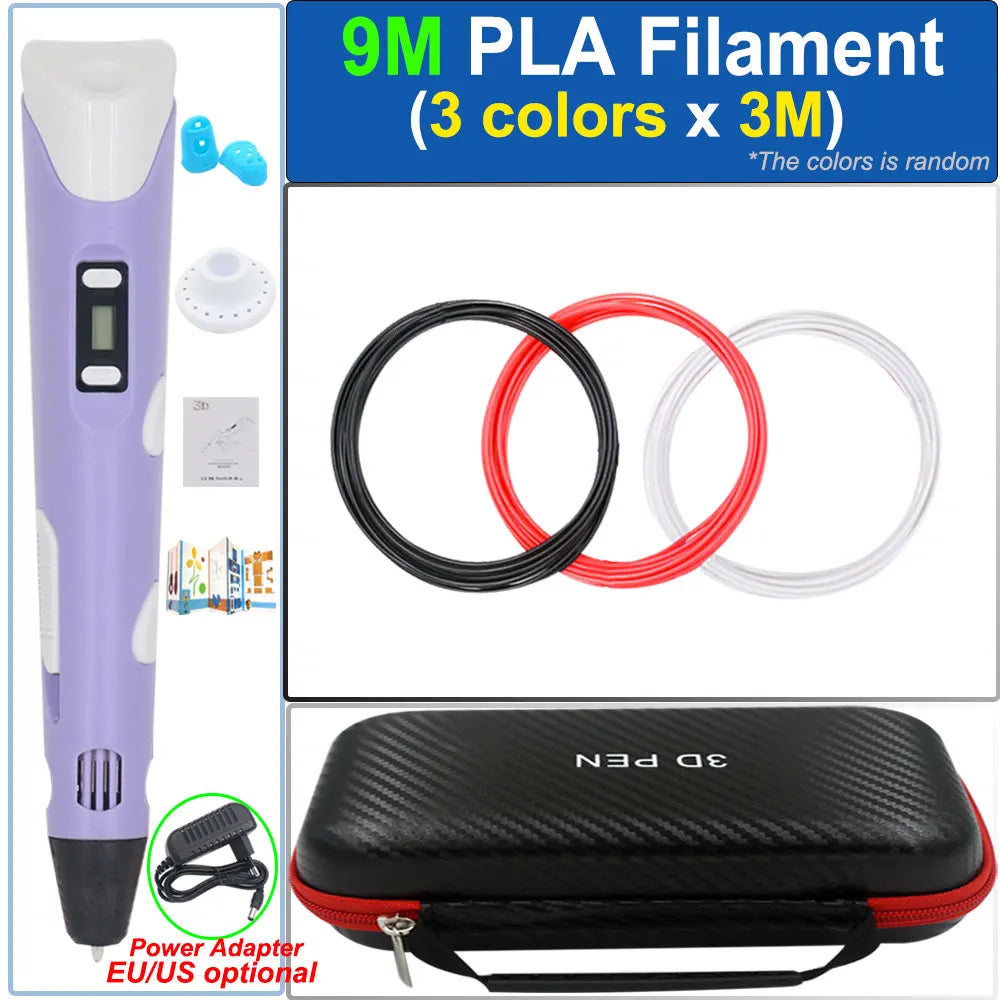 OUIO Children's 3D Printing Pen with LCD Screen – PLA Filament 9M to 200M, Storage Box & Power Adapter, EU / US Plug