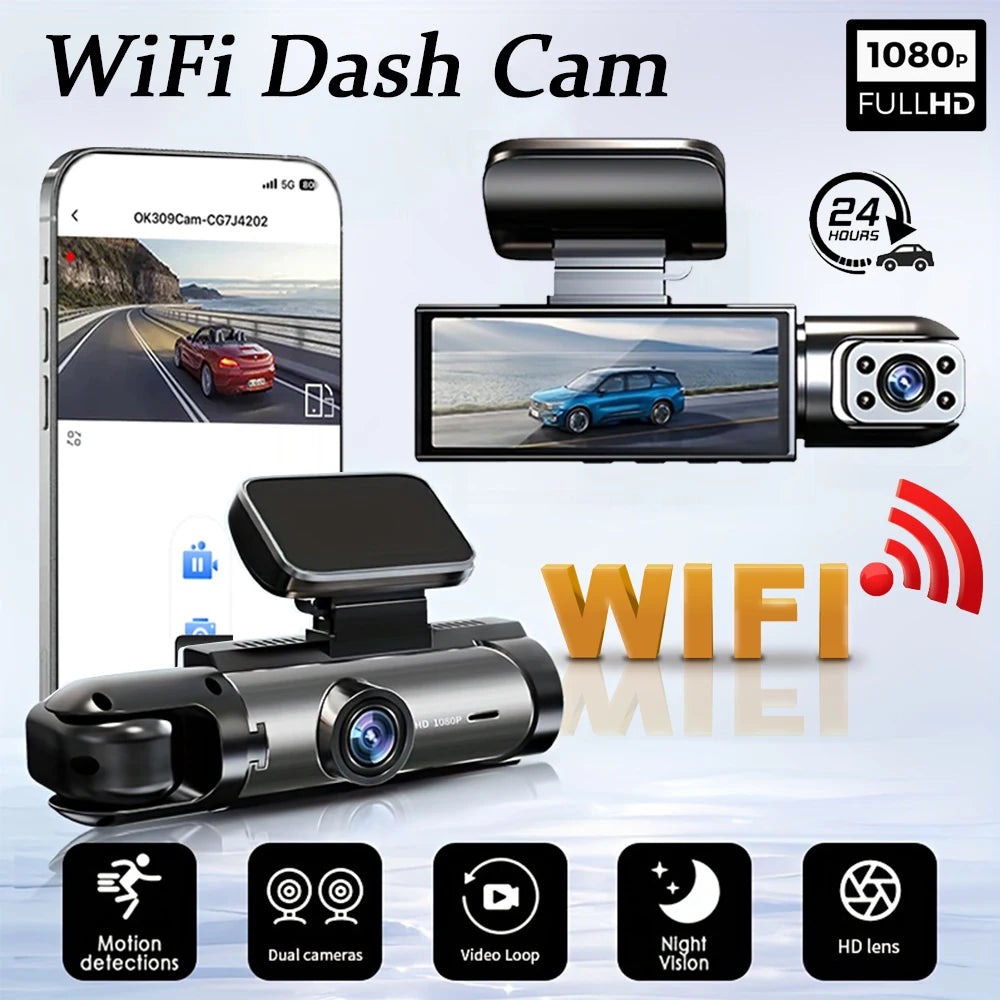 Dual Lens WiFi Dashcam – 1080P FHD, Front & Interior, IR Night Vision, 170°, Loop Recording, G-Sensor, 32GB/64GB SD, Framefox App