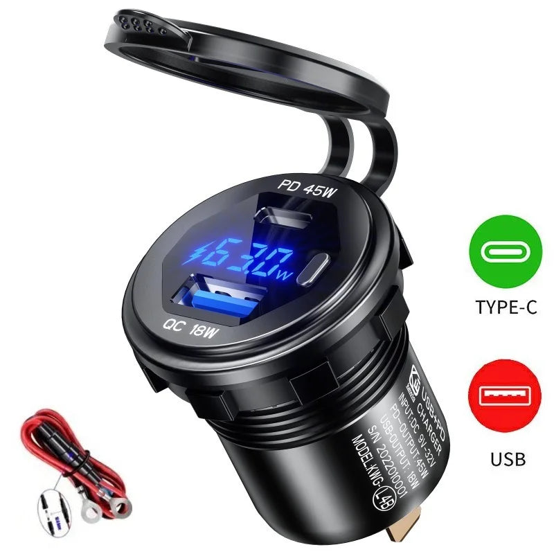 Car Charger – 90W Total, Dual USB-C PD 45W Each, LED Voltage Display, On/Off Switch, 12V/24V, Aluminum Alloy, Compatible with Phones, Tablets & Laptops
