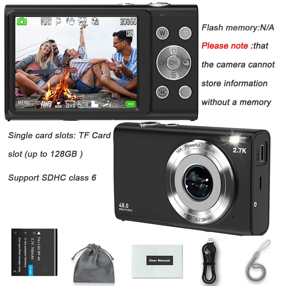 STUOGYUM 4K Digital Camera – 48MP Autofocus, 2.8" Screen, 4.5–54mm Lens, CMOS, MicroSD, for Vlogging, Kids & Adults, Optional 32GB Card