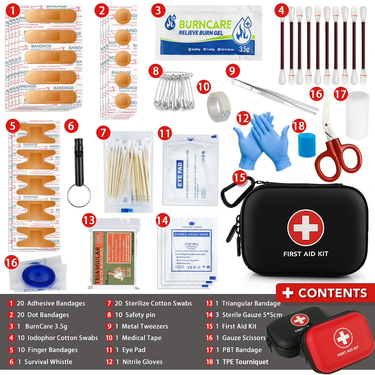 Portable First Aid Kit Bag – Multi-Purpose Emergency Medical Bag, EDC, for Home, Camping, Hiking & Outdoor Use, Black or Red
