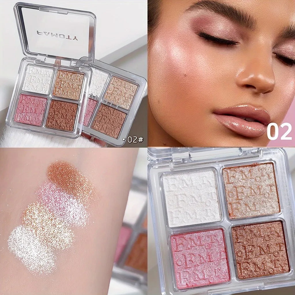 4-Color Baked Highlighter Palette – 12g, Waterproof Glitter Shimmer, Natural Glow, Long-Lasting, H01 / H02