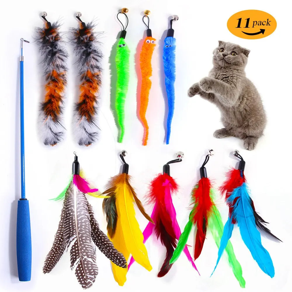 11-Piece Cat Feather Teaser Toy Set, 2 Retractable Sticks (13-32), Feathers, Worms & Furry Spurs, Safe & Interactive
