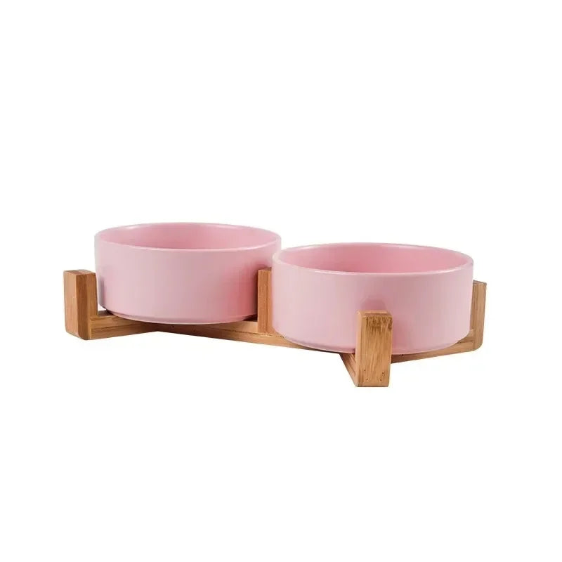 Ceramic Pet Bowl with Elevated Bamboo Wood Stand, 11cm 300ml / 13cm 400ml, Non-Slip, 4 Colors, Cats & Small Dogs