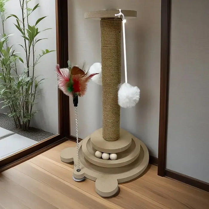 Wooden Cat Turntable Toy with Sisal Scratching Post, Funny Cat Stick & Interactive Balls, Black, Indoor Cats