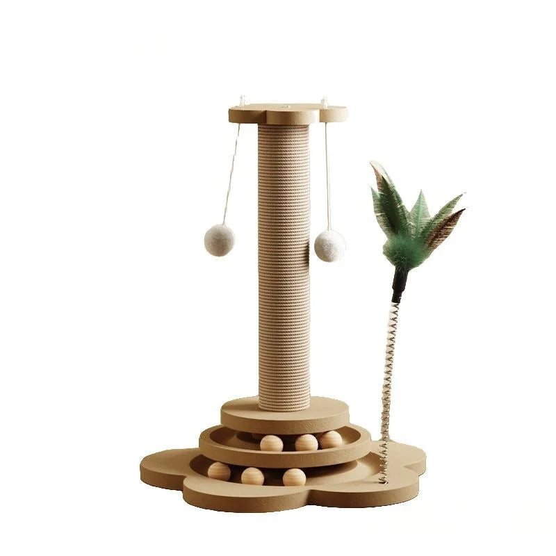 Solid Wood Cat Turntable Toy with Sisal Scratching Board, Balls & Funny Cat Stick, Interactive Cat Scratcher & Play Column