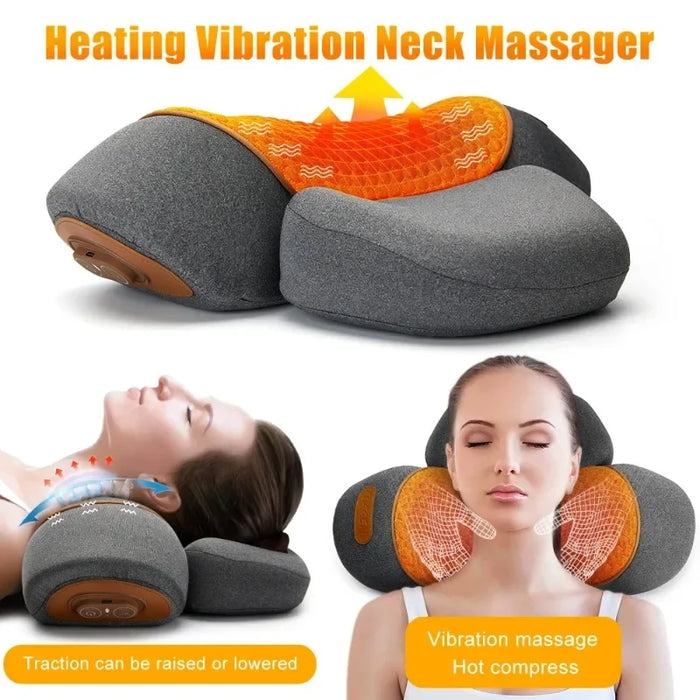 Electric Neck Massager Cervical Pillow – Hot Compress Heating Vibration & Traction for Neck, Shoulder & Back Relief