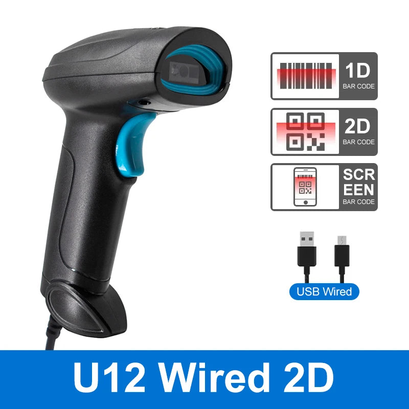 SYCREADER U12 1D & 2D Barcode Scanner – Wired USB / Wireless 2.4G / Bluetooth, 200 Scans/sec, CMOS, for Supermarket & Logistics