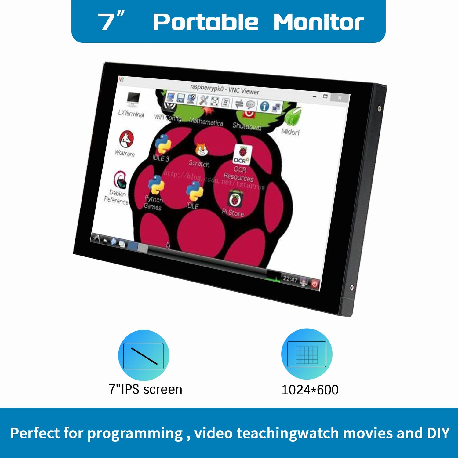 7 Portable Monitor for Raspberry Pi – IPS LCD, 1024x600, 60Hz, 500 cd/m², 178°, HDMI + VGA, Built-in Speaker, CE/RoHS – Compatible with Raspberry Pi 4B / 3B+ / 3B & PC