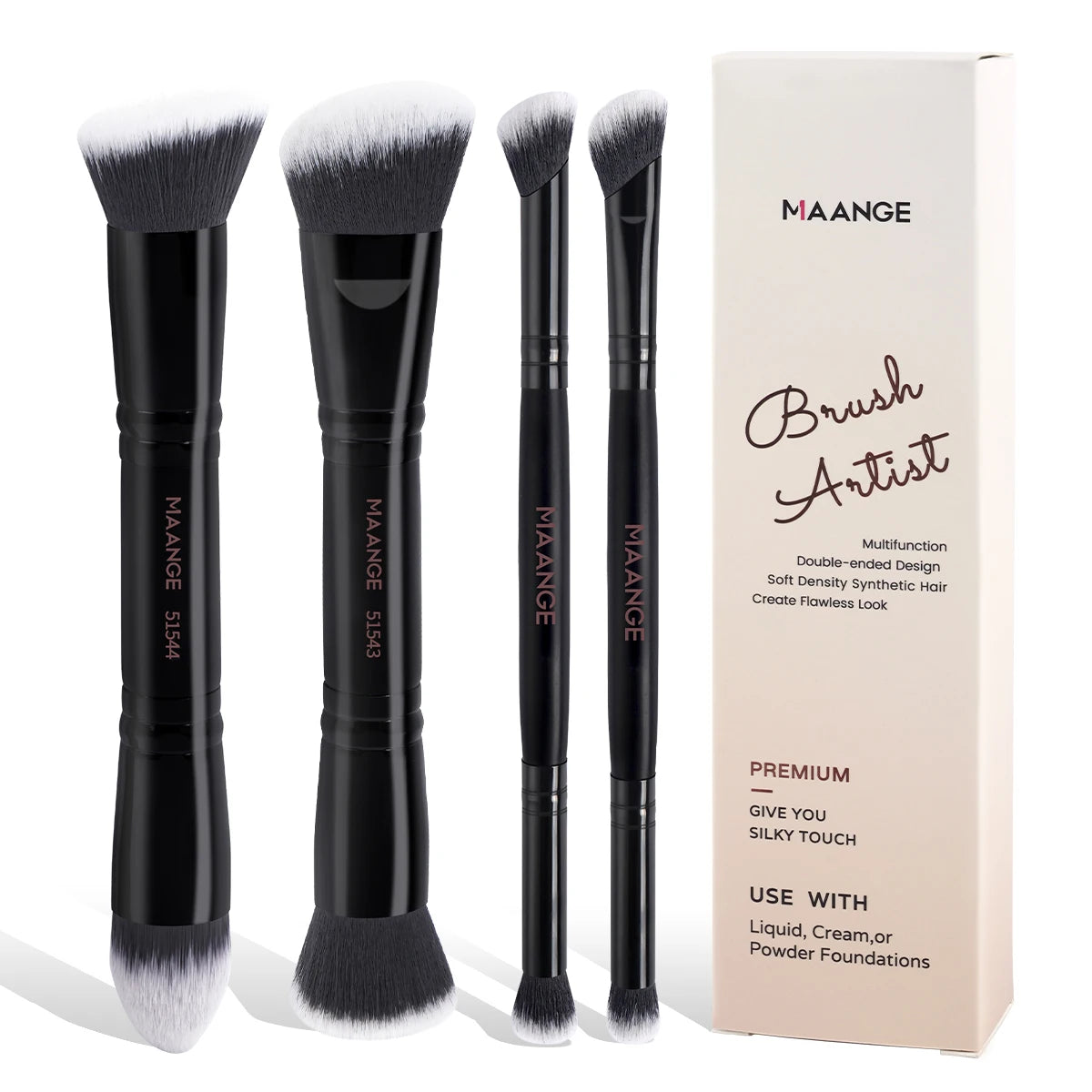 MAANGE 4-Piece Makeup Brush Set with Box – Dual-Ended Synthetic Hair, Wooden Handle, Foundation, Powder, Blush & Eyeshadow, Beginner & Travel, 4 Colors