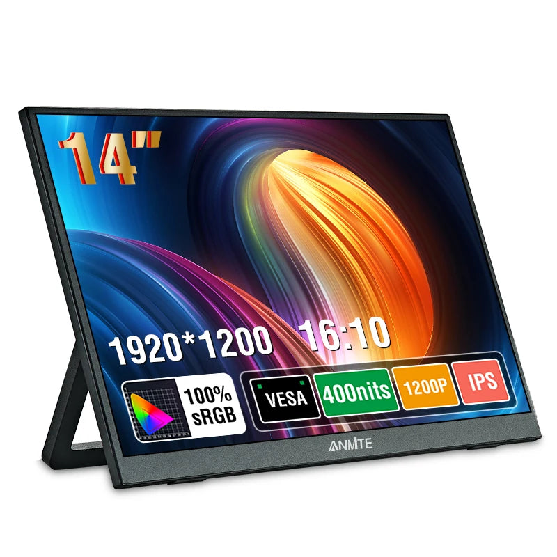 ANMITE 14 Portable Monitor – 1920x1200, IPS, 60Hz, 400 nit, 100% sRGB, HDR10, 178°, AMD FreeSync, Built-in Speakers, Mini HDMI + USB-C, VESA – Touch or Non-Touch