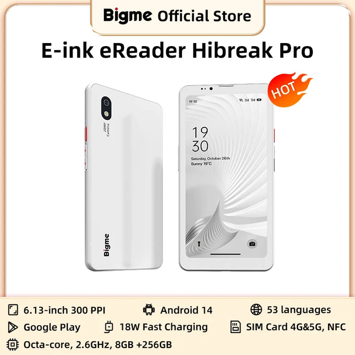 BIGME Hibreak Pro E-Reader – 6.13 E-Ink 300PPI, Android 14, 8GB RAM + 256GB, Dimensity 1080, 4G/5G, NFC, 18W Fast Charge, 4500mAh, Front 5MP & Rear 20MP Camera