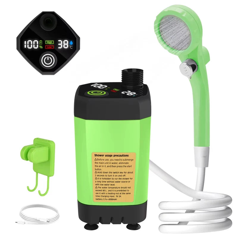 Electric Camping Shower Pump – 6000mAh, Intelligent Digital Display, Adjustable Flow, Rubber, for RV & Outdoor Use, 5 Colors