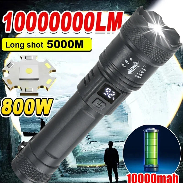 High Power LED Tactical Flashlight – 2000LM, 10W, Zoomable, USB Rechargeable, Power Bank, Waterproof, 100–200m Range, 3 Modes