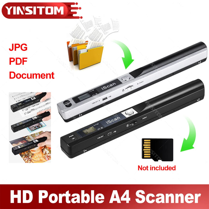 YINSITOM Portable A4 Handheld Document Scanner – 600dpi CMOS, 100 Scans/sec, USB, Black / Silver, with Optional Card Set