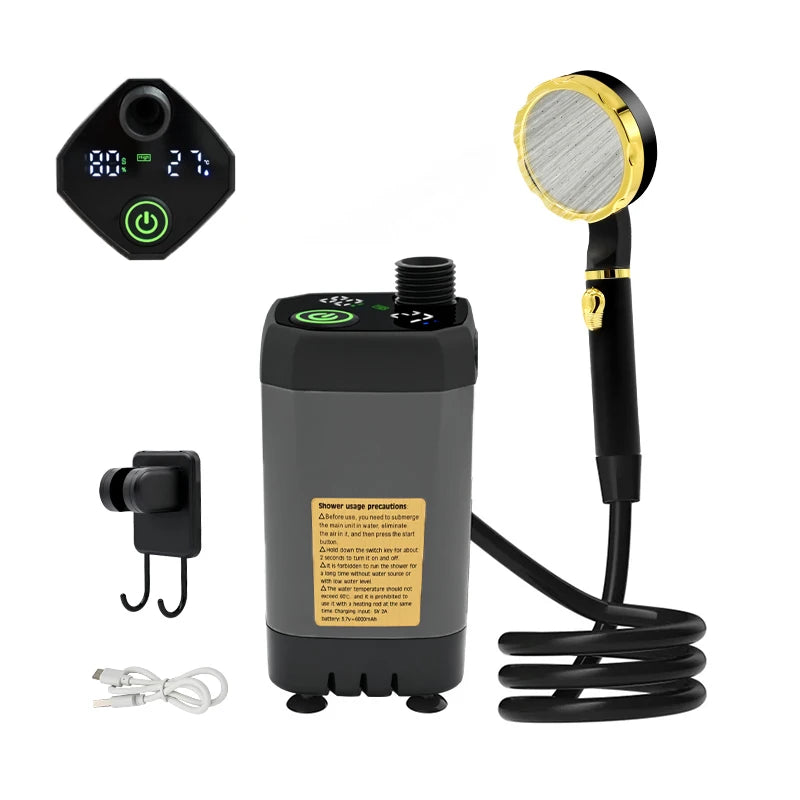 Electric Camping Shower Pump – 6000mAh, Intelligent Digital Display, Adjustable Flow, Rubber, for RV & Outdoor Use, 5 Colors