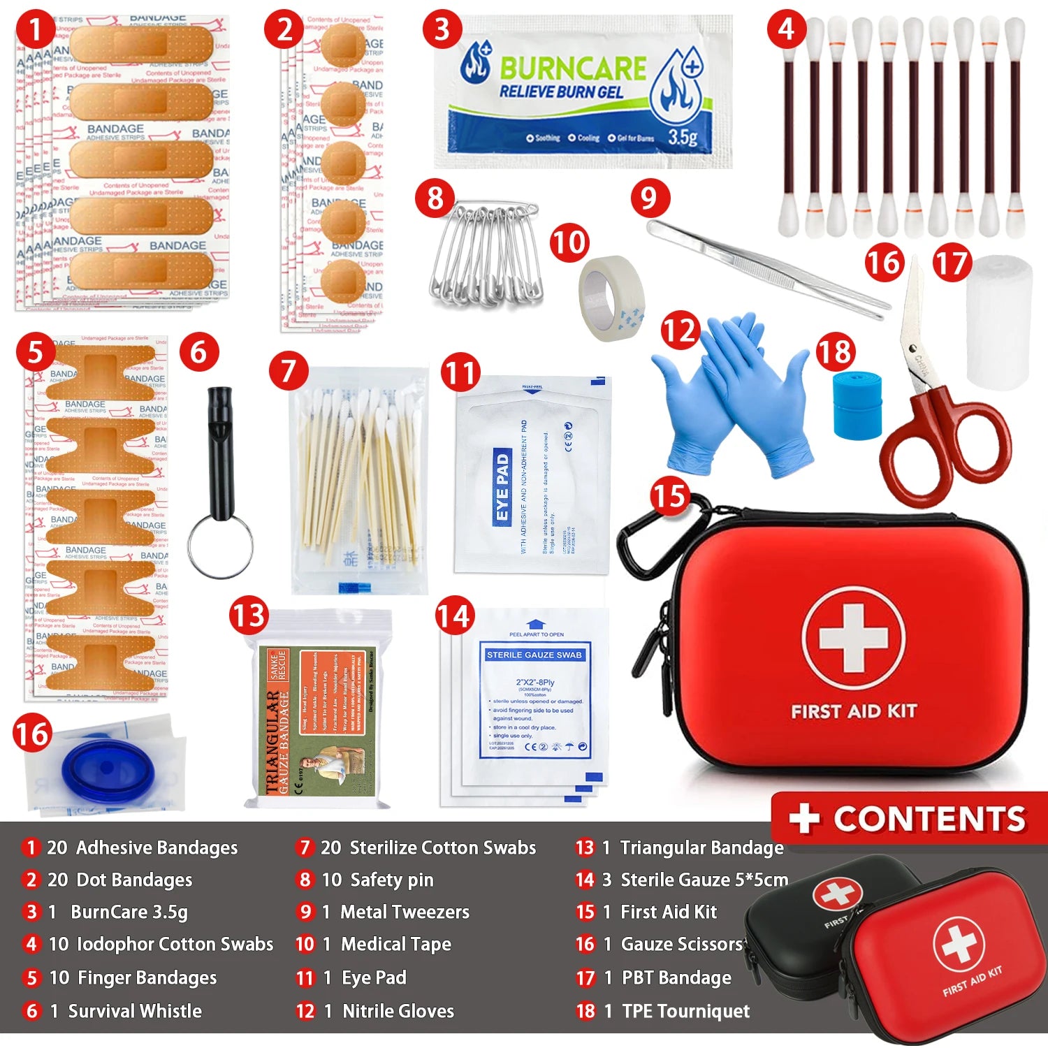 Portable First Aid Kit Bag – Multi-Purpose Emergency Medical Bag, EDC, for Home, Camping, Hiking & Outdoor Use, Black or Red