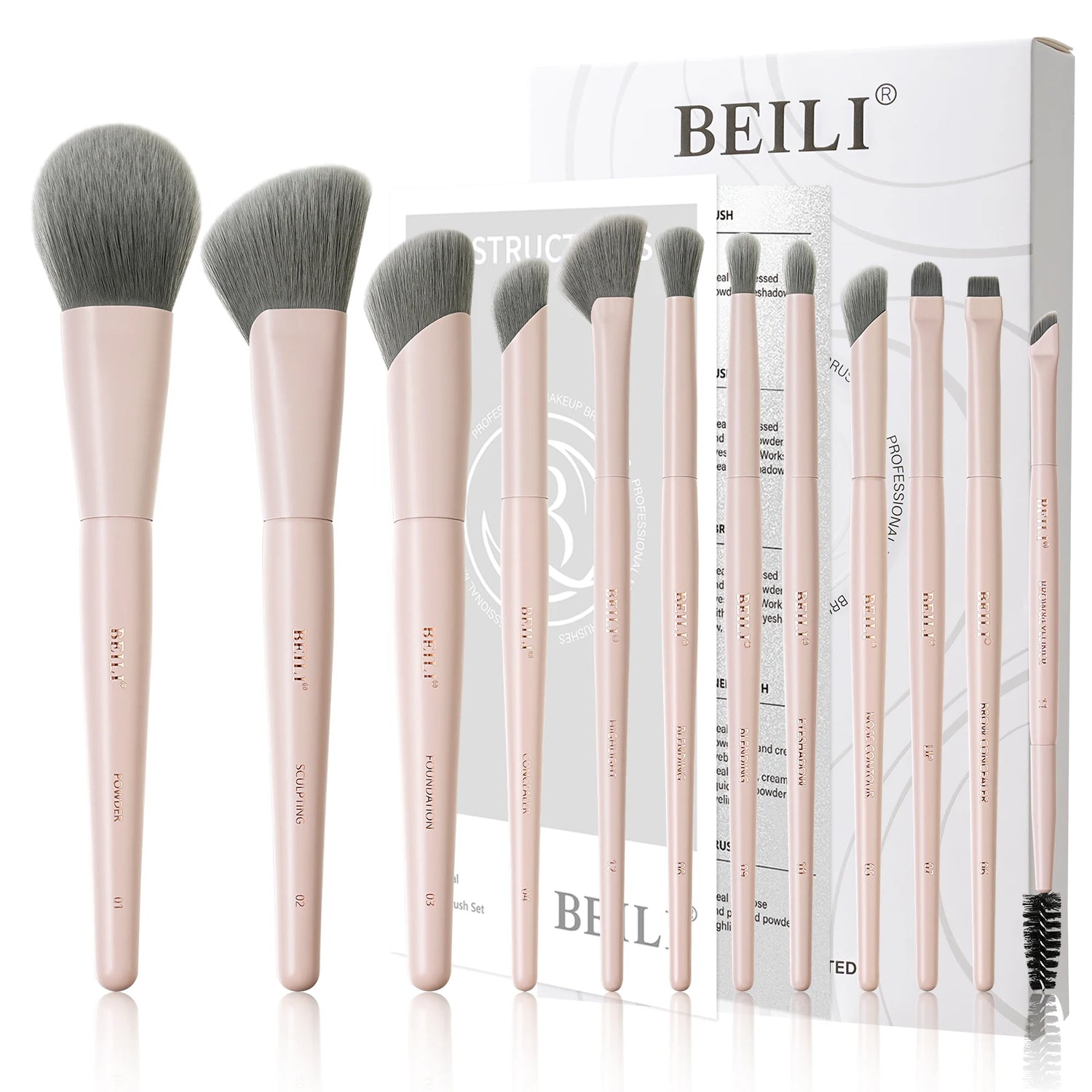 BEILI Vegan Professional Makeup Brush Set – 12 Pcs, Wooden Handle, Bamboo Charcoal Silk or Corn Silk Bristles, for Powder, Foundation, Eyeshadow & More
