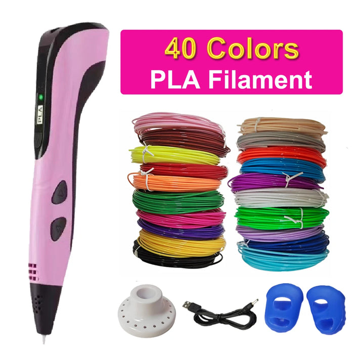 JuniorCare Children's 3D Drawing Pen with LED Display – PLA Filament 9M to 200M, 40 Colors, Type-C USB / EU Plug, DIY Gift for Kids