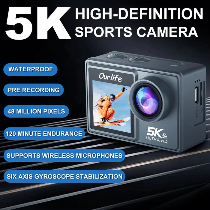OURLIFE MTR40 5K Action Camera – 24MP, 4K 60fps, EIS, 2" IPS Touch Screen, 170°, 30M Waterproof, WiFi, Remote Control, up to 128GB