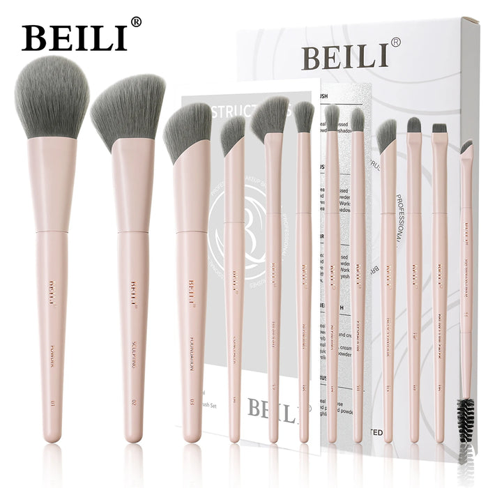 BEILI Vegan Professional Makeup Brush Set – 12 Pcs, Wooden Handle, Bamboo Charcoal Silk or Corn Silk Bristles, for Powder, Foundation, Eyeshadow & More