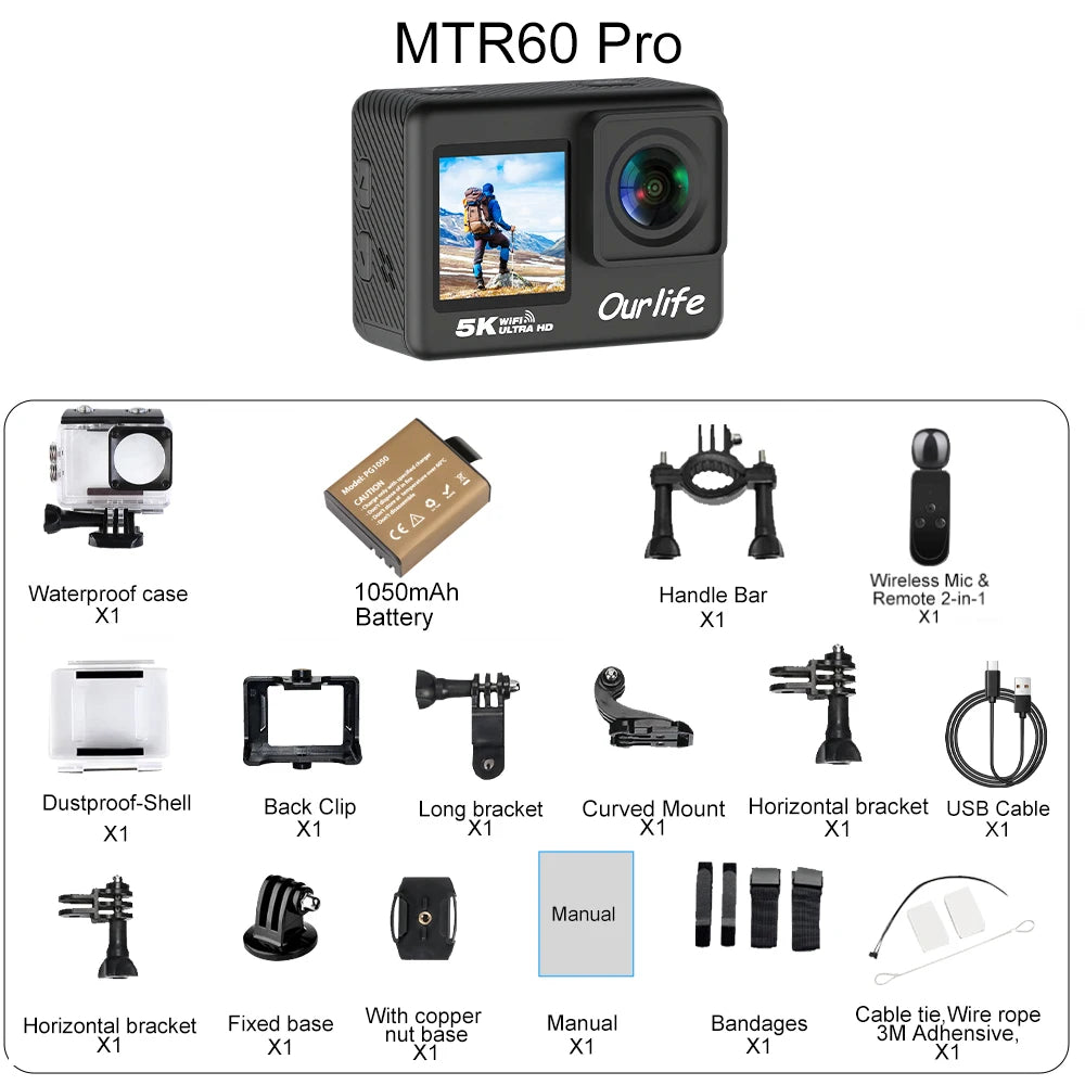 OURLIFE MTR60 / MTR60 Pro 5K Action Camera – 4K 60fps, 25MP+, EIS, 2" Touch Screen, 170°, 30M Waterproof, WiFi, Remote, up to 256GB