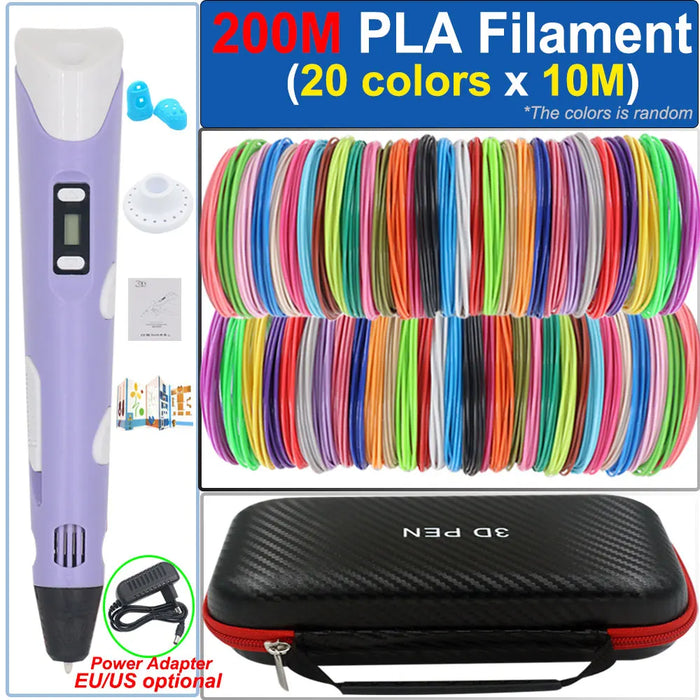 OUIO Children's 3D Printing Pen with LCD Screen – PLA Filament 9M to 200M, Storage Box & Power Adapter, EU / US Plug