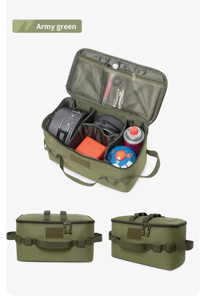 Outdoor Camping Gas Canister Storage Bag – Large Capacity Polyester, for Gas Tank, Ground Nails, Cookware & Picnic Utensils, Green/Black/Khaki