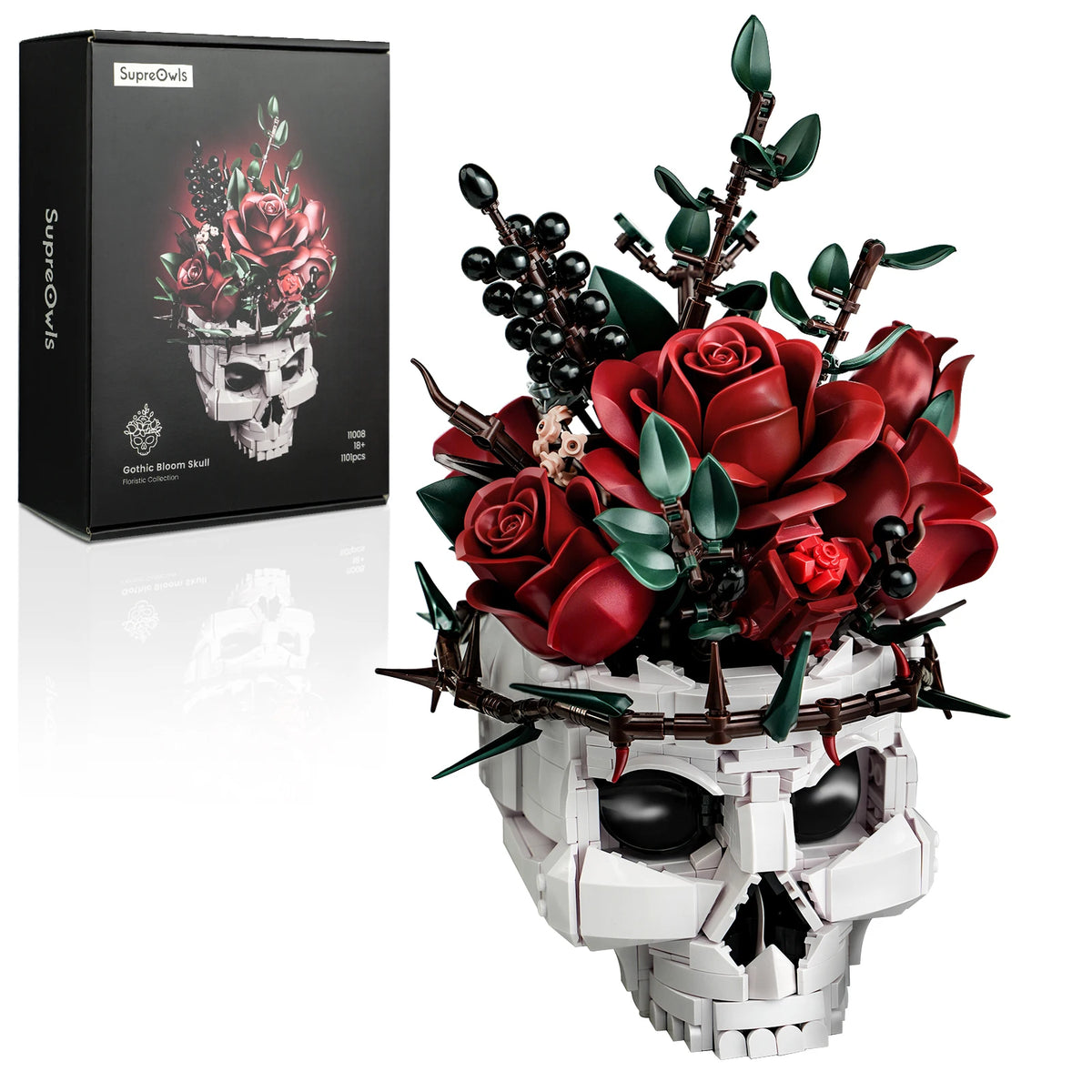 Skull Roses Bouquet Building Set – Gothic Skeleton Flower Pot, LEGO-Compatible ABS Bricks, Adult Home Decor, Ages 18+