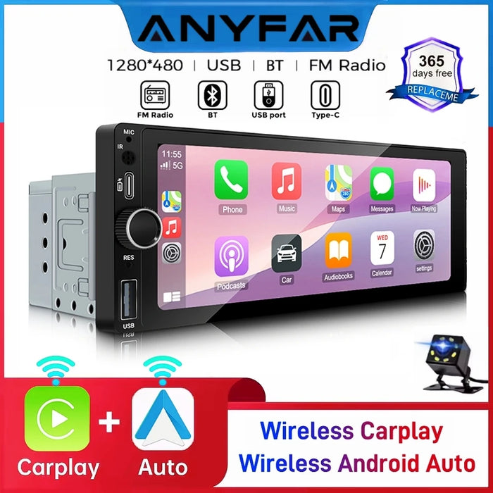 ANYFAR 6.86 1-DIN Car Radio with Wireless CarPlay & Android Auto – 1280x480 Touchscreen, FM, Steering Wheel Control, Reversing Input