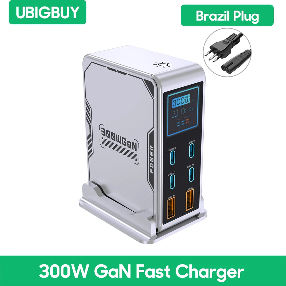 Ubigbuy GaN Desktop Charger – 300W (6-Port: 4x USB-C 100W + 2x USB-A) or 420W (8-Port: 6x USB-C 140W + 2x USB-A), PD/PPS/QC, Digital Display, for MacBook, iPhone & Samsung